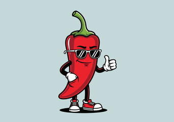 A cartoon chili pepper character wearing sunglasses and giving a thumbs up.
