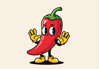 A cartoon chili pepper character, anthropomorphized with arms, legs, and a surprised expression, wearing gloves and boots.