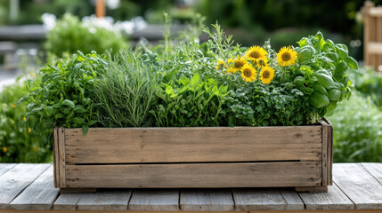 Freshly picked organic herbs and vibrant flowers in wooden planter evoke sense of tranquility