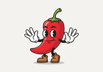 Cartoon chili pepper character with arms and legs, waving hello cheerfully.