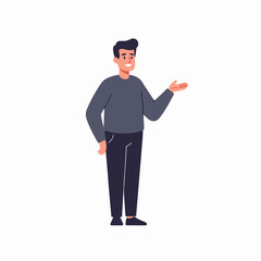 Smiling Male Cartoon Character Gesturing, Presenting, or Explaining with Open Hand on a White Background