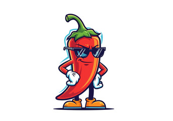 Cartoon red chili pepper character wearing sunglasses, gloves, and shoes, standing with arms crossed.
