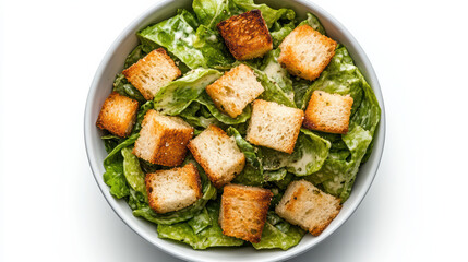 Fresh Caesar salad with croutons in white bowl, vibrant greens and creamy dressing
