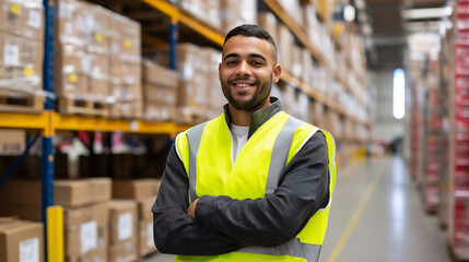 Smiling warehouse worker in a safety vest standing confidently among shelves with boxes.
