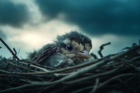 A tiny bird with hurt wings collapsed helplessly on the soil