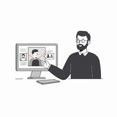 Man interacting with online profiles on a computer screen, illustrating digital networking and virtual connections.