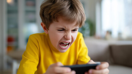 Angry boy in a yellow shirt shouting while playing a mobile game at home.
