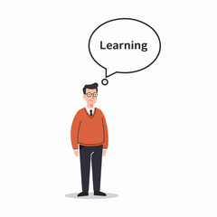 Illustration of a man with a thought bubble, focused on learning and education, representing knowledge acquisition and personal development.