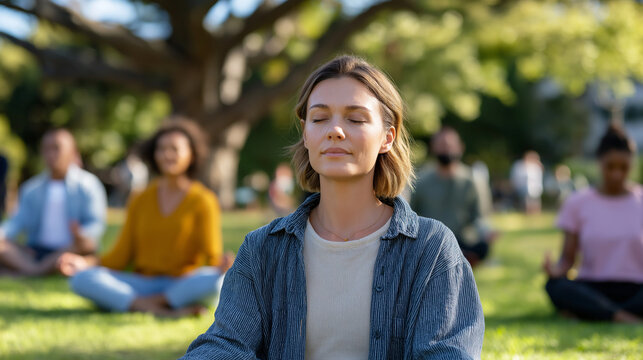 A diverse group mediating peacefully in a park under a large tree