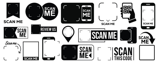 Set of black and white QR code icons in various styles and layouts, including frames, banners, and phone scan symbols. Flat, minimalist design on white background, clean and organized layout.