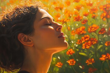 Naklejka premium A woman gazes serenely at a field of flowers.
