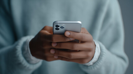 Close-up of hands holding a smartphone while wearing a soft sweater, texting or browsing.
