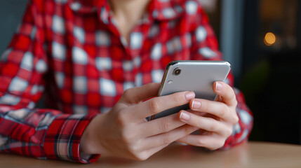 Person using smartphone with stylus while wearing red checkered shirt. 
