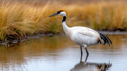 Naklejka premium Majestic crane standing in shallow water, reflecting its beauty in calm surface