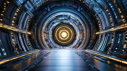 Obraz premium Futuristic tunnel with glowing lights and intricate technology creates mesmerizing atmosphere