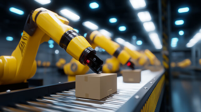 Robotic arms working on conveyor belt sorting cardboard boxes in modern warehouse. 
