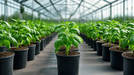 Healthy basil plants grow pots inside greenhouse, showcasing vibrant green leaves and rich soil
