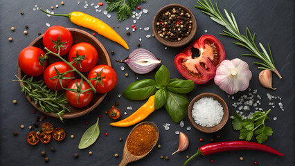 Fresh ingredients for cooking and seasoning on a dark surface