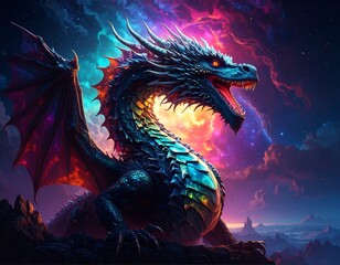Majestic dragon against a vibrant cosmic backdrop © Romlan