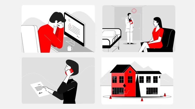 Animated office scenes, businesswoman multitasking between meetings and paperwork in professional environment