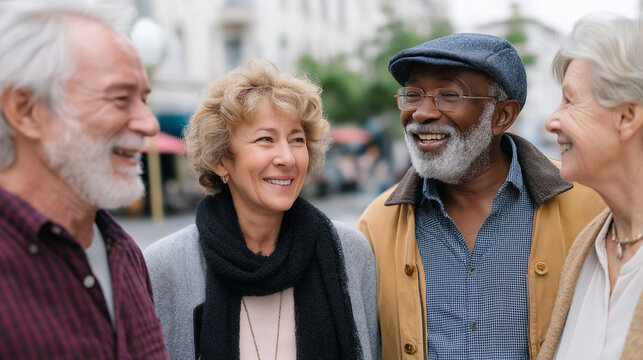 Happy senior friends enjoying an outdoor social gathering in the city