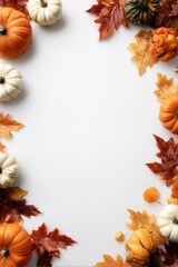 Autumnal border of pumpkins and leaves on white background (1)