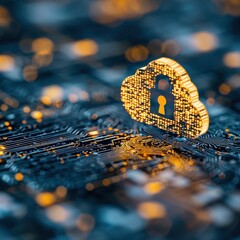 A digital cloud symbol with a padlock, representing cybersecurity and data protection, is displayed over a circuit board background.