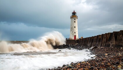 Obraz premium A dramatic scene of a powerful ocean storm with massive waves crashing against a lighthouse on a stone breakwater