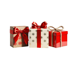 Three gift boxes arranged as a small cluster. 1 kraft paper box with red snowflake pattern, wrapped with shiny red satin ribbon and bow on top. 1 cream box with metallic gold polka dots, tied with red