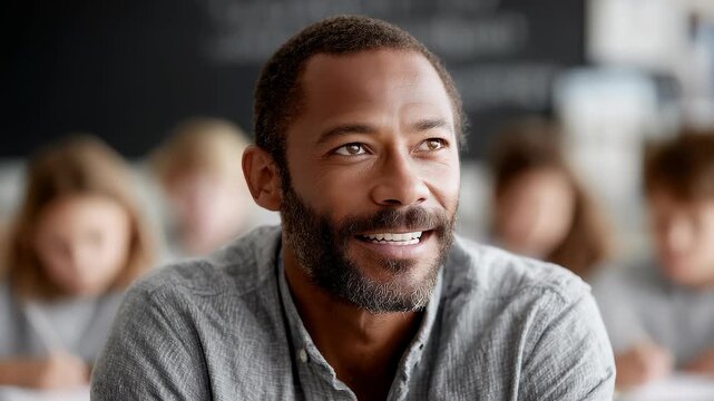 Wise Teacher Smiles and Looks to the Future in Class