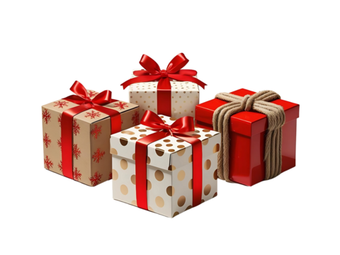 Three gift boxes arranged as a small cluster. 1 kraft paper box with red snowflake pattern, wrapped with shiny red satin ribbon and bow on top. 1 cream box with metallic gold polka dots, tied with red