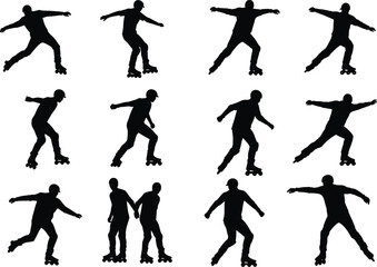 Collection of Inline Skaters and Rollerbladers in Different Poses, Silhouettes of People Skateboarding, Outdoor Recreation and Urban Sport Activities, Set of Black Figures Rollerblading.