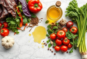 Vibrant fresh vegetables, aromatic spices, and glistening olive oil arranged on a cool marble surface,  colorful,  background