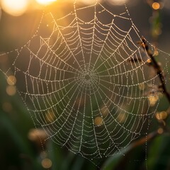 Obraz premium Close macro of dew-laden web strands illuminated by gentle dawn glow