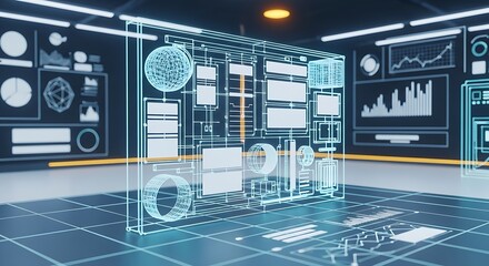 Futuristic interface with wireframe design and data visualizations in a modern environment