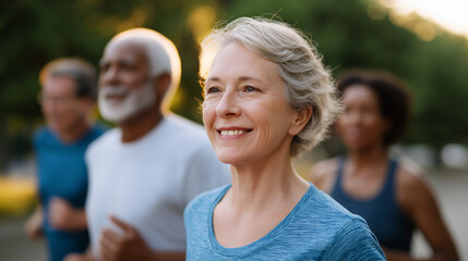 Obraz premium Active Senior Group Jogging in Park at Sunrise