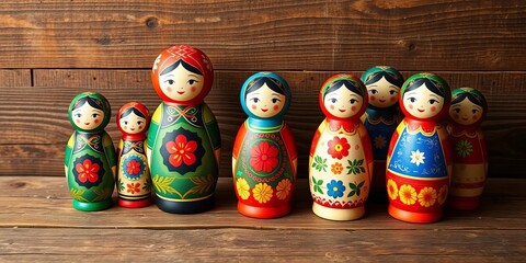 Fototapeta premium Vibrant motanka dolls arranged on rustic wooden table, ethnic toy, heritage
