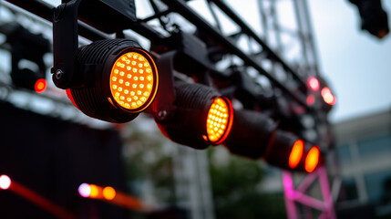 Obraz premium Close-up of bright orange stage lights mounted on a metal truss with colorful beams in the background. 