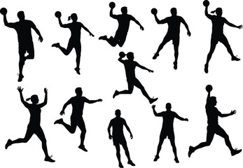 Dynamic handball player silhouettes in action, jumping and throwing ball, set of male and female athletes, vector illustration.