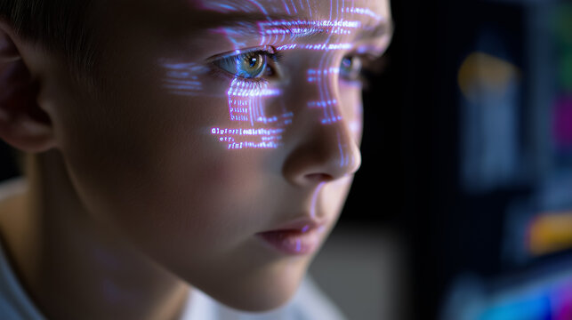 Focused boy with computer code projected on his face, symbolizing learning and technology.
 - Powered by Adobe