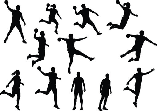 Dynamic handball player silhouettes in action, jumping and throwing ball, set of male and female athletes, vector illustration.