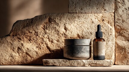 Elegant skincare products displayed against a natural stone backdrop for a modern beauty concept
