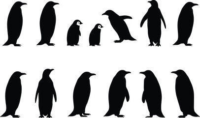 Naklejka premium Emperor Penguin Family and Chick Silhouettes: Vector Illustrations of Antarctic Birds for Nature and Wildlife Design.
