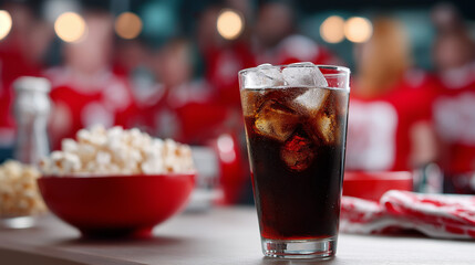 Glass of cola with ice and popcorn on a table in front of sports fans wearing red jerseys.
