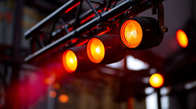 Close-up of bright orange stage lights mounted on a metal truss with colorful beams in the background.
