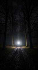 Fototapeta premium Mysterious Night Forest Path Illuminated by Light Source