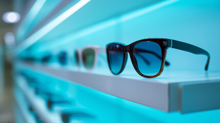 Various stylish sunglasses displayed on illuminated shelves in a modern store.
