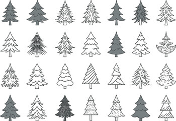 Christmas Tree and Pine Tree Silhouette and Outline Icons Set: Vector Illustration of Winter Holiday, Forest, and Nature Elements.