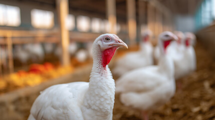 White turkeys inside a modern poultry farm with focus on the closest bird.
