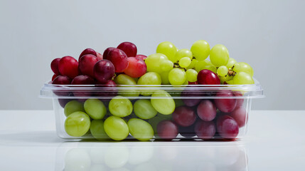 Fresh green and red grapes packed in a transparent plastic container on a white surface.
